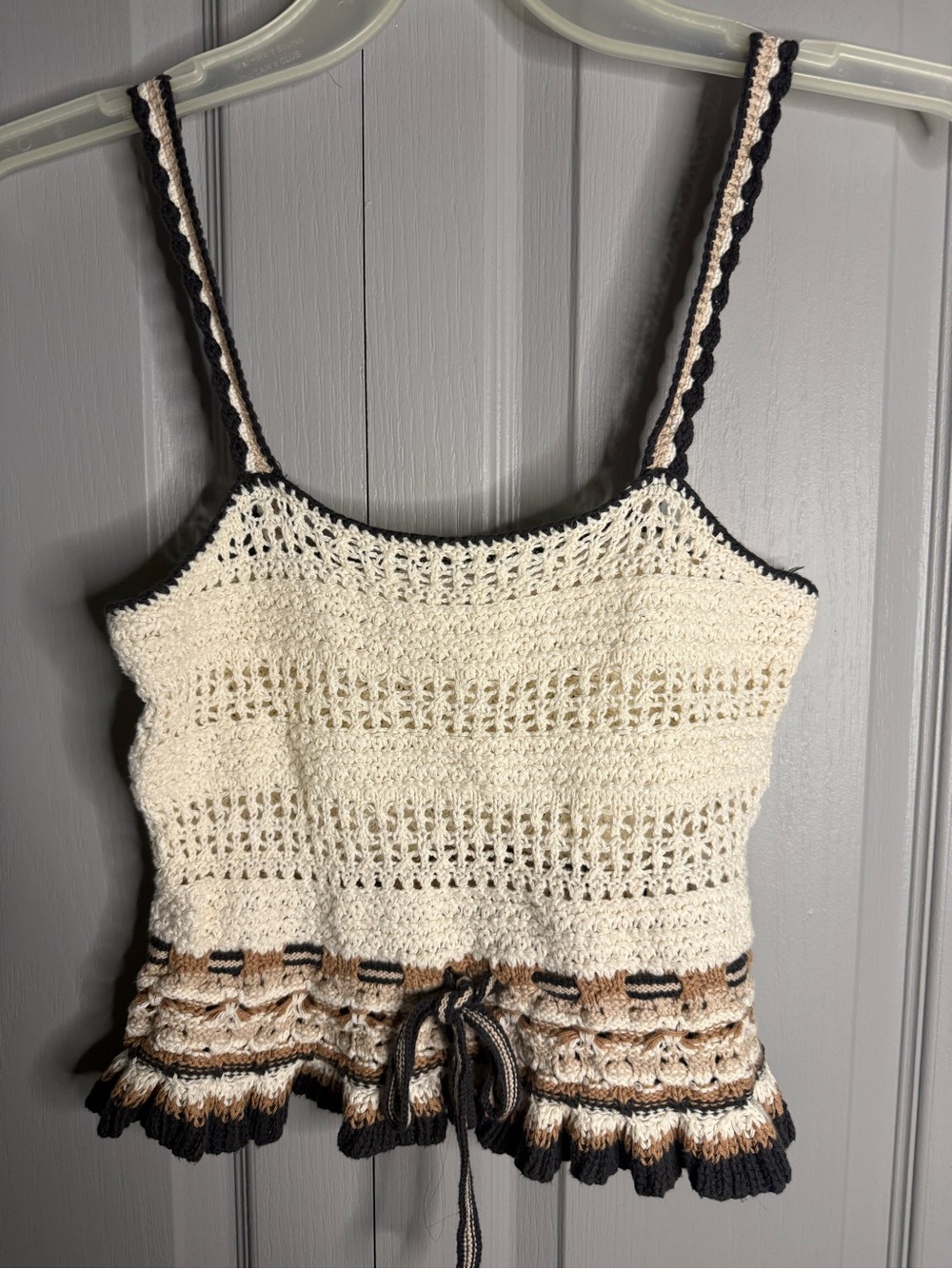 American Eagle Outfitters Cream Crochet Tank with Black and Tan Trim